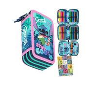 PASO - Federmäppchen 3 Fächer - Mäppchen für Mädchen - Federmappe 3-Fach Federtasche Gefüllte Schüleretui Schulmäppchen und Hausaufgabenheft - Stitch