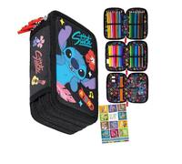 PASO - Federmäppchen 3 Fächer - Mäppchen für Mädchen - Federmappe 3-Fach Federtasche Gefüllte Schüleretui Schulmäppchen und Hausaufgabenheft - Stitch