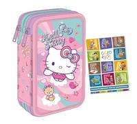 PASO - Federmäppchen 3 Fächer - Mäppchen für Mädchen - Federmappe 3-Fach Federtasche Gefüllte Schüleretui Schulmäppchen und Hausaufgabenheft - Hello Kitty Motiv