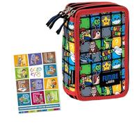 PASO - Federmäppchen 3 Fächer - Mäppchen für Mädchen und Jungen - Federmappe 3-Fach Federtasche Gefüllte Schüleretui Schulmäppchen und Hausaufgabenheft - Level Up