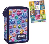 PASO - Federmäppchen 3 Fächer - Mäppchen für Mädchen und Jungen - Federmappe 3-Fach Federtasche Gefüllte Schüleretui Schulmäppchen und Hausaufgabenheft - Pfötchen
