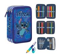PASO - Federmäppchen 3 Fächer - Mäppchen für Mädchen und Jungen - Federmappe 3-Fach Federtasche Gefüllte Schüleretui Schulmäppchen und Füller - Stitch