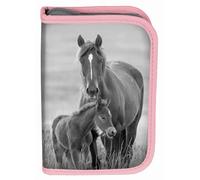 PASO Kinder-Federtasche 22-teilig mit Pferdemotiv - Rosa/Grau - Stifte, Lineale, Bleistift, Radiergummi & Anspitzer - Mäppchen für Schule, Malen & Basteln