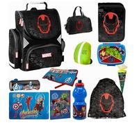 PASO - Schulranzen für Jungen, 12er-Set - Schul-Rucksack für Kinder mit Federmäppchen - Schuhbeutel Brotdose und Trinkflasche - Avengers Motiv - 1-3 Klasse