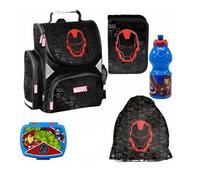 PASO - Schulranzen für Jungen, 5er-Set - Schul-Rucksack für Kinder mit Federmäppchen - Schuhbeutel Brotdose und Trinkflasche - Avengers Motiv - 1-3 Klasse