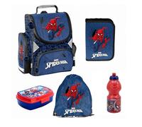 PASO - Schulranzen für Jungen, 5er-Set - Schul-Rucksack für Kinder mit Federmäppchen - Schuhbeutel Brotdose und Trinkflasche - Spiderman Motiv - 1-3 Klasse