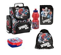 PASO - Schulranzen für Jungen, 5er-Set - Schul-Rucksack für Kinder mit Federmäppchen - Schuhbeutel Brotdose und Trinkflasche - Spiderman Motiv - 1-3 Klasse