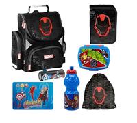 PASO - Schulranzen für Jungen, 7er-Set - Schul-Rucksack für Kinder mit Federmäppchen - Schuhbeutel Brotdose und Trinkflasche - Avengers Motiv - 1-3 Klasse
