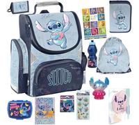 PASO- Schulranzen für Jungen und Mädchen, 12er-Set - Schul-Rucksack für Kinder mit Federmäppchen - Schuhbeutel Trinkflasche und Brotdose- Stitch Motiv- 1-3 Klasse
