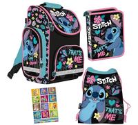 PASO- Schulranzen für Jungen und Mädchen, 4er-Set - Schul-Rucksack für Kinder mit Federmäppchen - Schuhbeutel und Hausaufgabenheft - Stitch Motiv- 1-3 Klasse