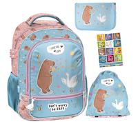 PASO- Schulranzen für Jungen und Mädchen, 4er-Set - Schul-Rucksack für Kinder mit Federmäppchen - Schuhbeutel und Hausaufgabenheft - Wasserschwein Motiv- 1-3 Klasse