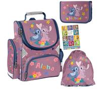 PASO- Schulranzen für Jungen und Mädchen, 4er-Set - Schul-Rucksack für Kinder mit Federmäppchen - Schuhbeutel und Hausaufgabenheft - Stitch Motiv- 1-3 Klasse