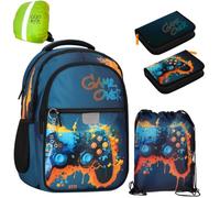 PASO- Schulranzen für Jungen und Mädchen, 4er-Set - Schul-Rucksack für Kinder mit Federmäppchen - Schuhbeutel und Regenschutz - Game Motiv
