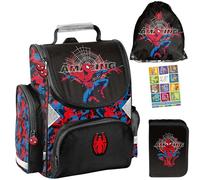 PASO- Schulranzen für Jungen und Mädchen, 4er-Set - Schul-Rucksack für Kinder mit Federmäppchen - Schuhbeutel und Hausaufgabenheft - Spiderman 1-3 Klasse