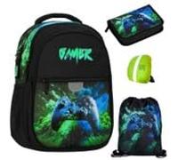PASO- Schulranzen für Jungen und Mädchen, 4er-Set - Schul-Rucksack für Kinder mit Federmäppchen - Schuhbeutel und Regenschutz - Game Motiv