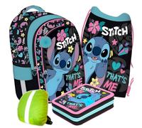PASO - Schulranzen für Jungen und Mädchen, 4er-Set - Schul-Rucksack für Kinder mit Federmäppchen - Schuhbeutel und Regenschutz - Stitch Motiv