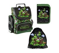 PASO- Schulranzen für Jungen und Mädchen, 4er-Set - Schul-Rucksack für Kinder mit Federmäppchen - Schuhbeutel und Hausaufgabenheft - Game Motiv- 1-3 Klasse