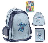 PASO- Schulranzen für Jungen und Mädchen, 4er-Set - Schul-Rucksack für Kinder mit Federmäppchen - Schuhbeutel und Hausaufgabenheft - Stitch Motiv- 1-3 Klasse