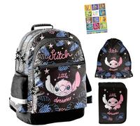 PASO- Schulranzen für Jungen und Mädchen, 4er-Set - Schul-Rucksack für Kinder mit Federmäppchen - Schuhbeutel und Hausaufgabenheft - Stitch Motiv- 1-3 Klasse
