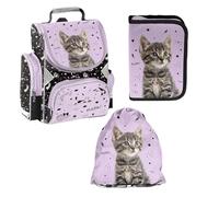 PASO- Schulranzen für Jungen und Mädchen, 4er-Set - Schul-Rucksack für Kinder mit Federmäppchen - Schuhbeutel und Hausaufgabenheft - Katze Motiv- 1-3 Klasse