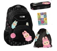 PASO- Schulranzen für Jungen und Mädchen, 4er-Set - Schul-Rucksack für Kinder mit Schlampermäppchen- Schuhbeutel und Hausaufgabenheft - Bubu Motiv- 1-3 Klasse