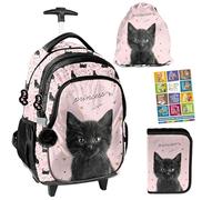 PASO- Schulranzen für Jungen und Mädchen, 4er-Set - Trolley-Schulrucksack für Kinder mit Federmäppchen - Schuhbeutel und Hausaufgabenheft - Katze Motiv- 1-3 Klasse