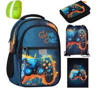 PASO- Schulranzen für Jungen und Mädchen, 5er-Set - Schul-Rucksack für Kinder mit Federmäppchen - Schuhbeutel und Regenschutz - Game Motiv