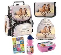 PASO- Schulranzen für Jungen und Mädchen, 6er-Set - Schul-Rucksack für Kinder mit Federmäppchen - Schuhbeutel Trinkflasche und Brotdose - Pferd Motiv- 1-3 Klasse