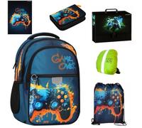 PASO- Schulranzen für Jungen und Mädchen, 6er-Set - Schul-Rucksack für Kinder mit Federmäppchen - Schuhbeutel und Regenschutz - Game Motiv