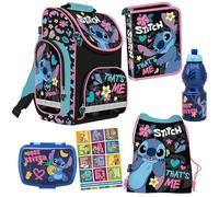 PASO - Schulranzen für Jungen und Mädchen, 6er-Set - Schul-Rucksack für Kinder mit Federmäppchen - Schuhbeutel Trinkflasche und Brotdose - Stitch Motiv - 1-3 Klasse