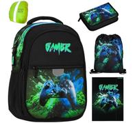 PASO- Schulranzen für Jungen und Mädchen, 6er-Set - Schul-Rucksack für Kinder mit Federmäppchen - Schuhbeutel und Regenschutz - Game Motiv (Game - Set 5er)