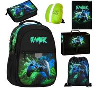 PASO- Schulranzen für Jungen und Mädchen, 6er-Set - Schul-Rucksack für Kinder mit Federmäppchen - Schuhbeutel und Regenschutz - Game Motiv