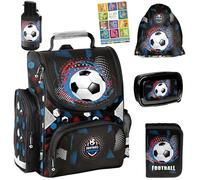 PASO - Schulranzen für Jungen und Mädchen, 6er-Set - Schul-Rucksack für Kinder mit Federmäppchen - Schuhbeutel Trinkflasche und Brotdose - Ball Motiv - 1-3 Klasse