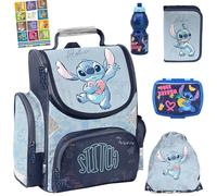 PASO- Schulranzen für Jungen und Mädchen, 6er-Set - Schul-Rucksack für Kinder mit Federmäppchen - Schuhbeutel Trinkflasche und Brotdose- Stitch Motiv- 1-3 Klasse