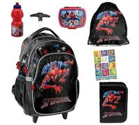 PASO- Schulranzen für Jungen und Mädchen, 6er-Set - Trolley-Schulrucksack für Kinder mit Federmäppchen - Schuhbeutel Trinkflasche und Brotdose - Spiderman 1-3 Klasse