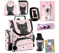 PASO- Schulranzen für Jungen und Mädchen, 8er-Set - Schul-Rucksack für Kinder mit Federmäppchen - Schuhbeutel Trinkflasche und Brotdose - Katze Motiv- 1-3 Klasse