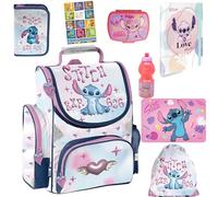 PASO- Schulranzen für Jungen und Mädchen, 8er-Set - Schul-Rucksack für Kinder mit Federmäppchen - Schuhbeutel Trinkflasche und Brotdose - Stitch Motiv- 1-3 Klasse