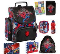 PASO- Schulranzen für Jungen und Mädchen, 8er-Set - Schul-Rucksack für Kinder mit Federmäppchen - Schuhbeutel Trinkflasche und Brotdose- Spiderman 1-3 Klasse
