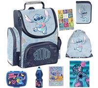 PASO- Schulranzen für Jungen und Mädchen, 8er-Set - Schul-Rucksack für Kinder mit Federmäppchen - Schuhbeutel Trinkflasche und Brotdose- Stitch Motiv- 1-3 Klasse