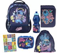 PASO - Schulranzen für Jungen und Mädchen - Schul-Rucksack für Kinder mit Federmäppchen - Schuhbeutel - Brotdose - Trinkflasche und Hausaufgabenheft - Lilo und Stitch Motiv (6er-Set)