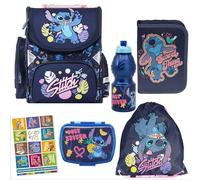 PASO Schulranzen für Jungen und Mädchen - Schul-Rucksack für Kinder mit Federmäppchen - Schuhbeutel, Brotdose, Trinkflasche und Hausaufgabenheft - Lilo und Stitch Motiv - 1-3 Klasse