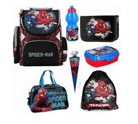 PASO- Schulranzen für Jungen und Mädchen - Schul-Rucksack für Kinder mit Federmäppchen - Schuhbeutel - Spider-Man Motiv - 1-3 Klasse (7er-Set)