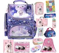 PASO- Schulranzen für Mädchen, 13er-Set - Schul-Rucksack für Kinder mit Federmäppchen - Schuhbeutel Trinkflasche und Brotdose - Katze Motiv- 1-3 Klasse