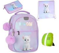 PASO - Schulranzen für Mädchen, 4er-Set - Schul-Rucksack für Kinder mit Federmäppchen - Schuhbeutel und Regenschutz - Katze Motiv