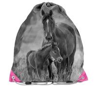 PASO Turnbeutel 36x32 cm, stabile & strapazierfähige Ausführung, mit Zugbändern zum Tragen & Umhängen, vielseitig einsetzbar für Schule, Sport & Freizeit - Pferde -