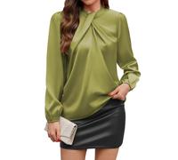 PASUDA Bluse Damen Elegant Satin Hemd Langarm Hemdbluse Business Oberteile Lose Langarmshirt Einfarbig Arbeit Party Festliche Blusen Tunika Bluse mit Laternenärmeln (Olivgrün, S)