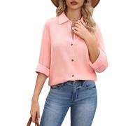 PASUDA Bluse Damen Musselin Langarm Oberteile Lässige Hemdbluse V-Ausschnitt Baumwolle Tunika Langarmshirt Blusen Longbluse Elegant Leicht Luftige Lockere Shirts (Rosa, L)