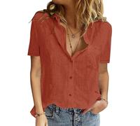 PASUDA Damen Bluse Sommer Elegant Baumwolle Leinen Hemd Kurzarm Oberteile V-Ausschnitt Button-Down Blusen Casual Hemdbluse Basic Revers Shirts Tunika Tops