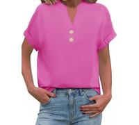 PASUDA Damen Bluse Sommer Elegant V-Ausschnitt Leinenbluse Button-Down Musselin Bluse Damen Kurzarm Oberteile Casual Baumwolle Leinen Hemd Locker Hemdbluse Blusenshirt Basic Tunika Shirt