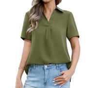 PASUDA Damen Bluse Sommer V-Ausschnitt Kurzarm Elegante Oberteile Lässiges Chiffon Shirt mit Stehkragen Kurzarmhemd Tops Tunika (Grün, XL)